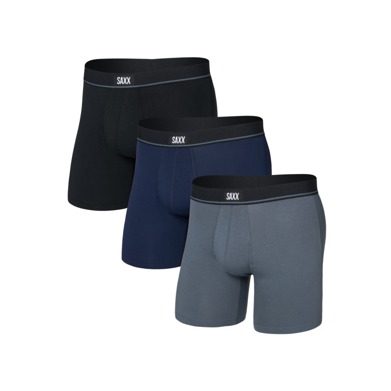 SAXX Boxershorts Essential Cotton Boxer Brief Fly schwarz/dunkelblau/grau Herren - 3 Stück